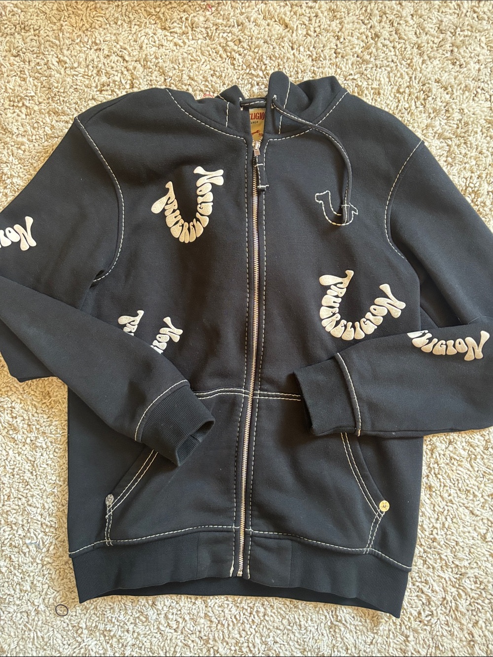 True Religion| Men’s  Black Zip Hoodie with Logo Prints 👀